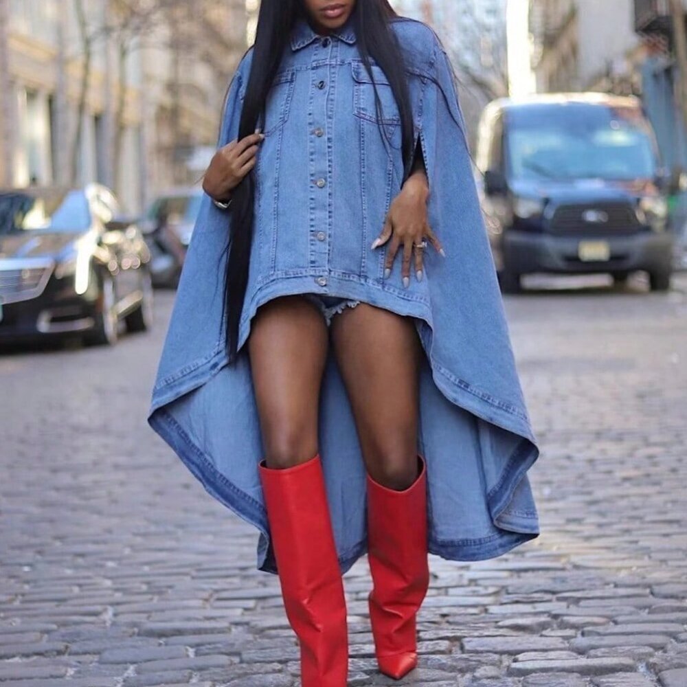 Blue Loose Women's Fit Party Denim Bat Wing Cardigan Jacket